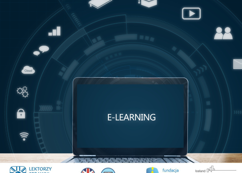 Na ciemnym niebieskim tle widać laptop, na jego ekranie napis e-learning.
